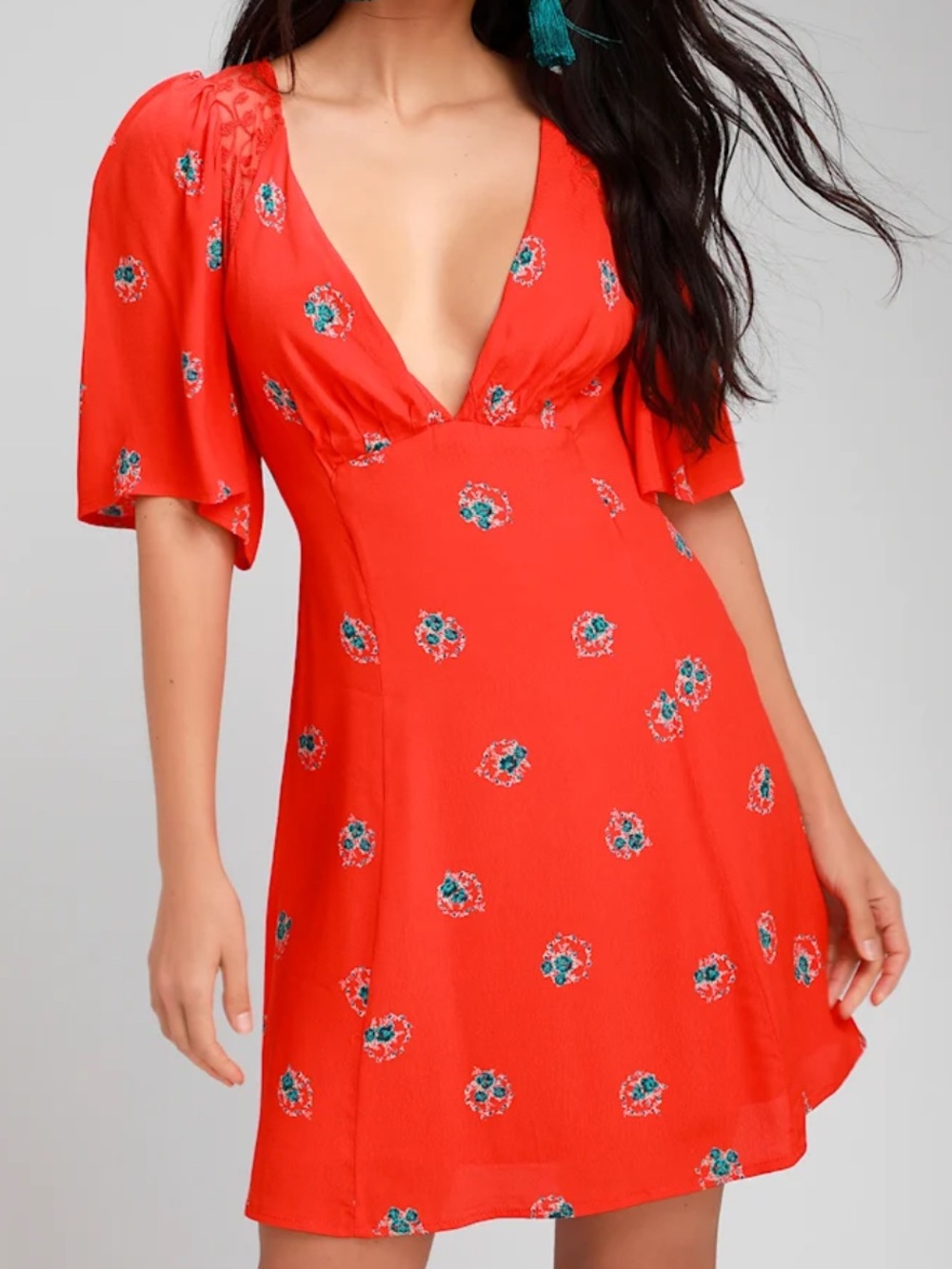 FREE PEOPLE - Mockingbird Coral Red Floral Print Backless Mini Dress sz 2 NWT